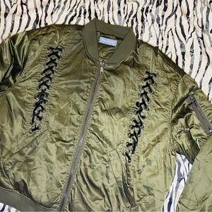 Bagatelle Olive Bomber Jacket with Lace-Up Corset Details